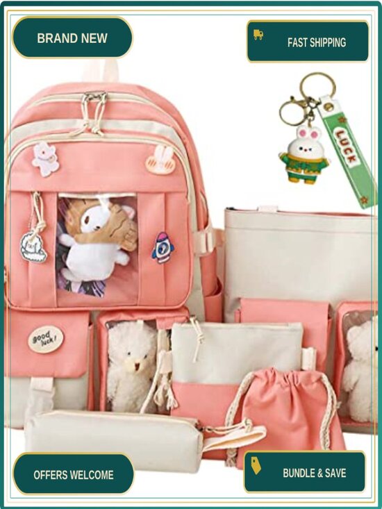 Kawaii Waterproof Nylon 5-Piece Backpack Set with Cute Plush Pendants